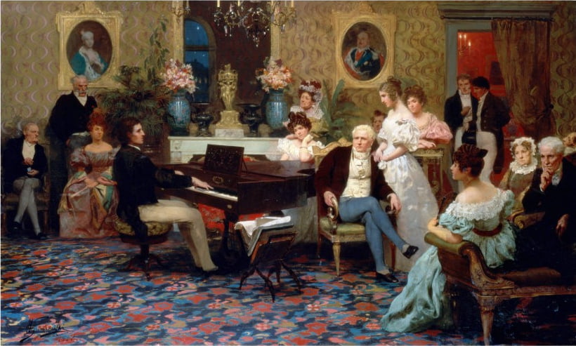 Генрих Семирадский: Шопен, играющий на фортепьяно в салоне князя Радзивилла.
